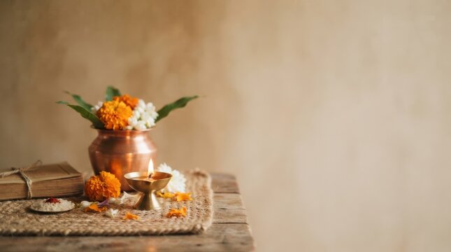 Traditional Indian prayer setup with a copper pot, marigold flowers, a lit brass diya, sacred book, and rice offering on a rustic wooden table for spiritual rituals and festive celebrations