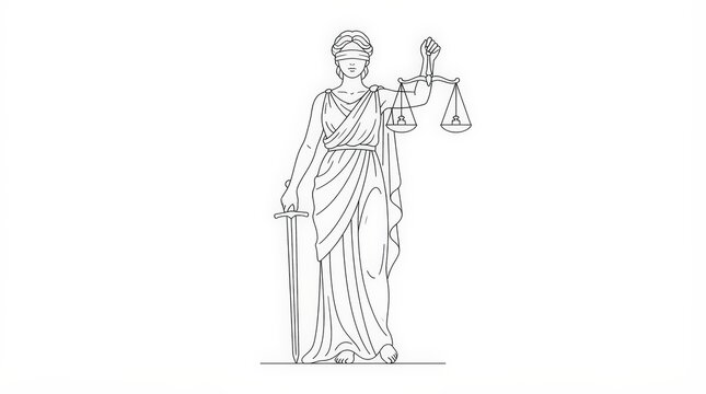 Line Art of Traditional Blindfolded Lady Justice Holding Scales and Sword, Representing Law and Order