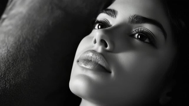 A close-up of a woman with her eyes closed and lips slightly parted, as if she's deep in sleep or meditation. Her relaxed facial expression conveys serenity.