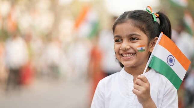 Young Indian girl holding a national flag with face paint celebrating independence day, patriotism concept