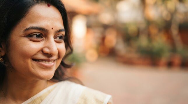 Close up portrait of a middle aged Indian woman smiling warmly, representing traditional culture, happiness, and authentic lifestyle for diverse editorial projects