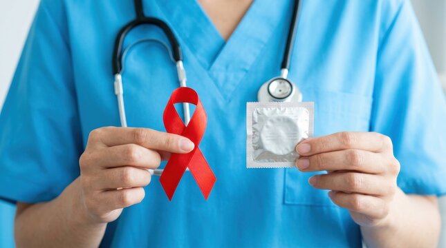 Professional healthcare worker wearing blue scrubs and a stethoscope holds a red awareness ribbon and a condom to promote safe sex and HIV AIDS prevention during World AIDS Day medical campaign today.