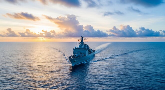 Majestic navy warship sailing across a vast ocean at sunset with dramatic clouds and golden light