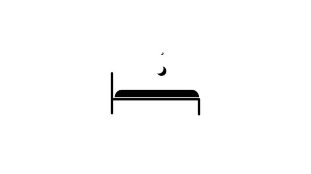 Minimalist digital illustration featuring a simple white bed frame and mattress silhouette under a dark night sky background punctuated by abstract red crescent moon shapes and dots