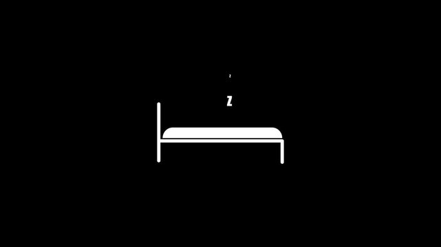 Minimalist digital illustration featuring a simple white bed frame and mattress silhouette on a solid black background accompanied by a single letter Z representing sleep.