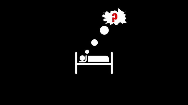 Minimalist white vector animation icon depicting a person lying in bed thinking with a red question mark inside a thought bubble over a black background.
