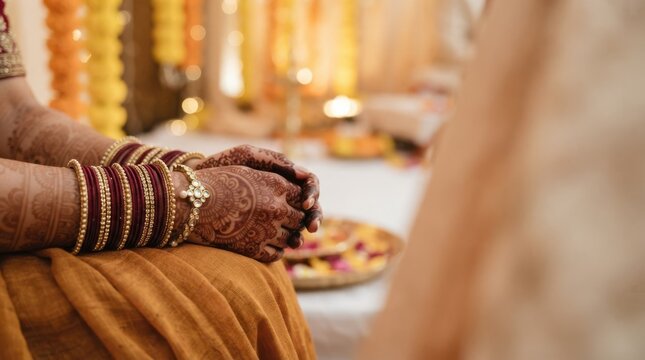 Traditional Indian wedding ritual with bride adorned in intricate henna mehndi designs and bangles during sacred ceremony