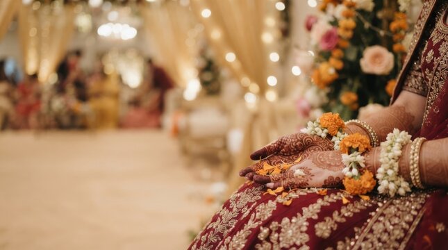 Traditional Indian wedding bride hands adorned with henna, marigold floral jewelry, and ornate red lehenga dress during a festive ritual ceremony