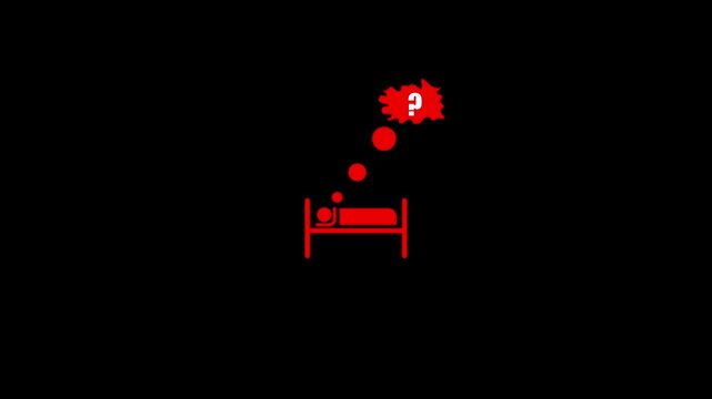 Minimalist white vector animation icon depicting a person lying in bed thinking with a red question mark inside a thought bubble over a black background.