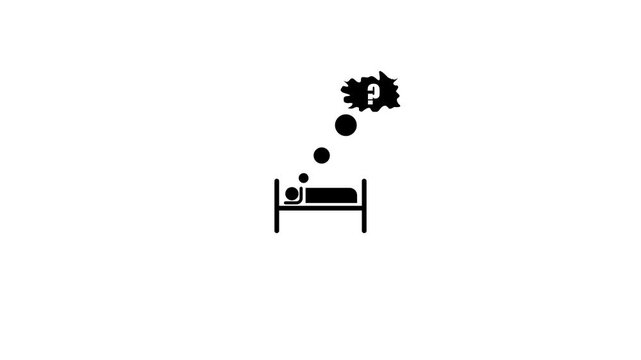 Minimalist white vector animation icon depicting a person lying in bed thinking with a red question mark inside a thought bubble over a black background.