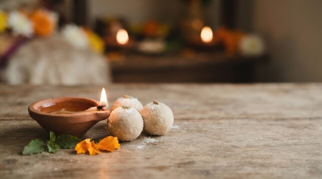 Diwali celebration setup with clay diya oil lamp, traditional sweets laddu, and marigold flowers on a rustic wooden table for Indian festival