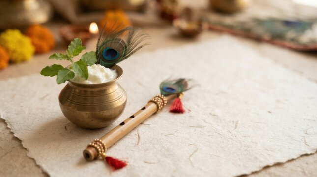 Janmashtami festival greeting with butter pot, bamboo flute, peacock feather and flowers for Hindu celebration