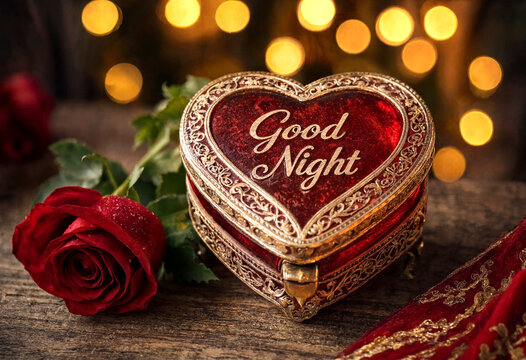Beautiful heartshaped decorative box with good night text and red rose on wooden surface