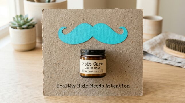 Organic soft care beard balm jar on textured paper with blue mustache cutout and message healthy hair needs attention, representing premium male grooming products and natural facial hair maintenance .