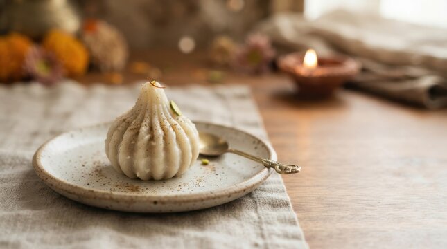 Traditional Indian sweet modak served on a plate for Ganesh Chaturthi festival celebration with lit diya oil lamp