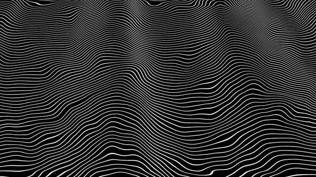 Abstract 4k motion graphics video featuring dynamic black contour lines creating flowing topographic waves, digital terrain patterns, and seamless geometric textures on a white background.