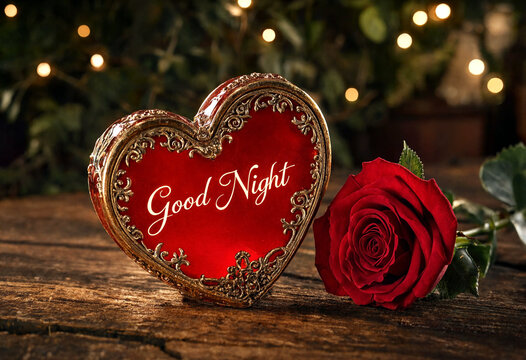 Beautiful red heartshaped decoration with good night text beside a red rose on wooden table