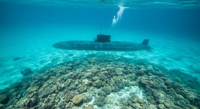 Submarine navigating through clear blue ocean waters above a vibrant coral reef