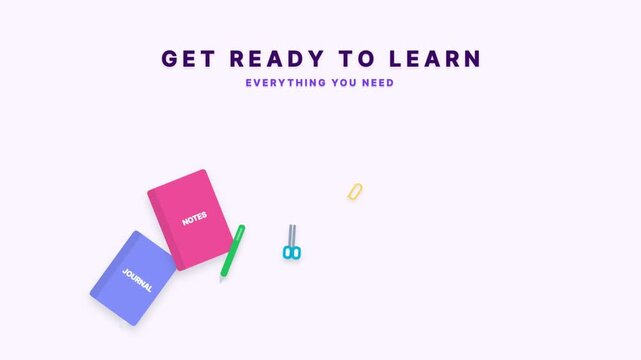 School supplies flat lay animation with notebooks and stationery for students