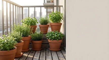 Fototapeta premium A beautiful small garden setup featuring an arrangement of lush green potted herbs on a wooden balcony under soft natural morning sunlight