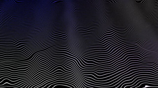 Abstract digital illustration featuring a hypnotic pattern of flowing, parallel gradient lines in blue, purple, and white hues against a deep black background, creating a complex, undulating 3D