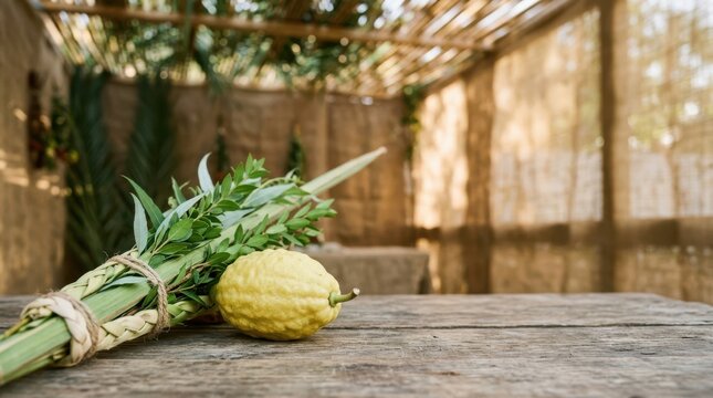 Traditional Jewish Sukkot holiday symbols including the Four Species lulav and etrog resting on a rustic wooden table inside a sukkah booth