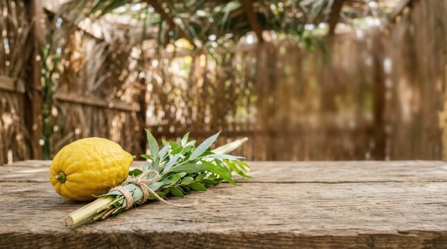 Traditional Jewish Sukkot symbols including an etrog citron fruit and lulav bundle placed on a rustic wooden table inside a sukkah booth for the autumn holiday celebration