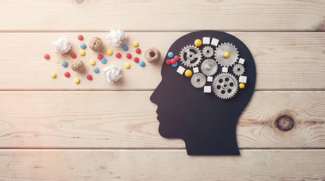 Human Head Silhouette with Metal Gears and Colorful Objects on Wood Background for Psychology and Creative Thinking Content
