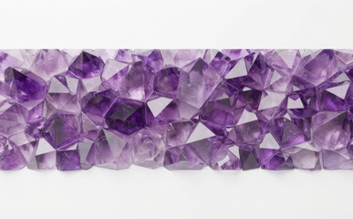 Fototapeta premium Stunning Amethyst Crystals Strip Arrangement Banner Featuring Faceted Purple Gemstones on White Background for Elegant Jewelry and Luxury Mineral Design Concept
