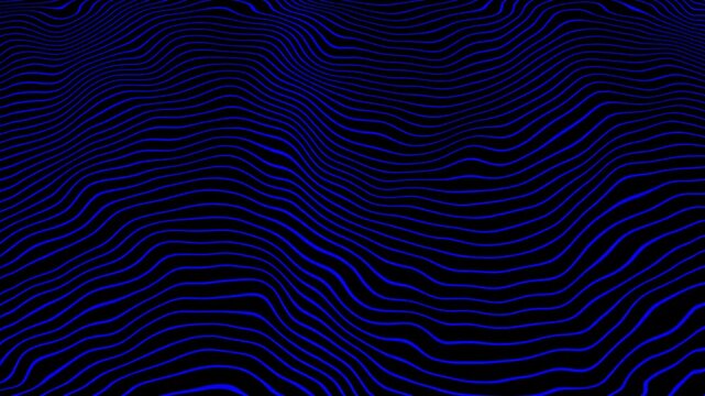 Abstract digital illustration featuring a hypnotic pattern of flowing, parallel gradient lines in blue, purple, and white hues against a deep black background, creating a complex, undulating 3D