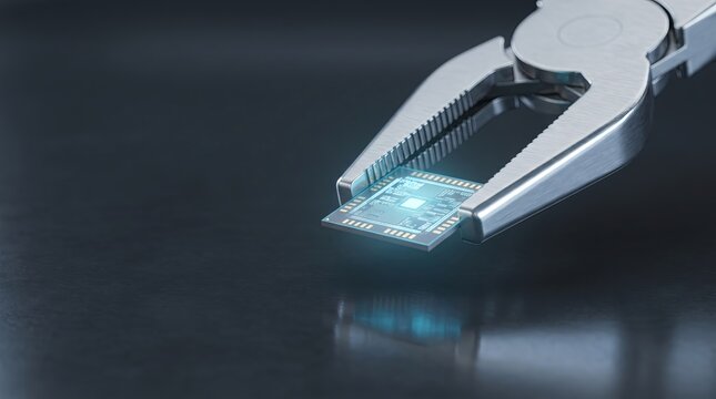 A pair of metallic pliers delicately holding a small glowing high tech computer microchip processor