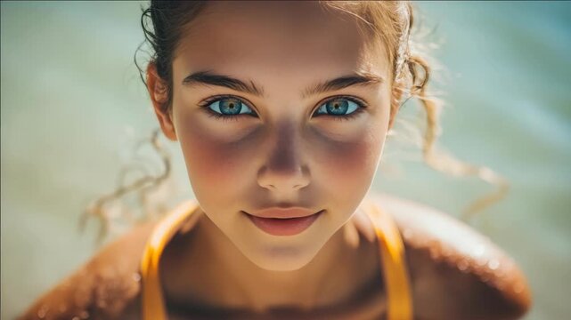 Portrait of a young girl with stunning blue eyes and sunlit skin. She is smiling gently at the camera while wearing an orange bikini and is submerged to her chest in clear blue water.