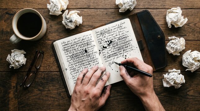 Artist Hands Writing and Sketching in Leather Notebook with Ink Stains and Crumpled Paper on Wooden Desk for Creative Block Storytelling