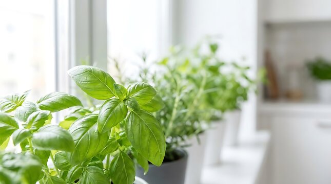 Small garden setup with vibrant green basil plants and fresh kitchen herbs growing in pots on a sunlit windowsill in a modern home cooking environment