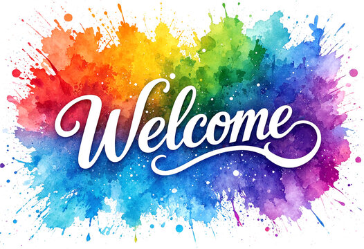 Colorful watercolor splash with welcome text in elegant script design isolated on transparent background