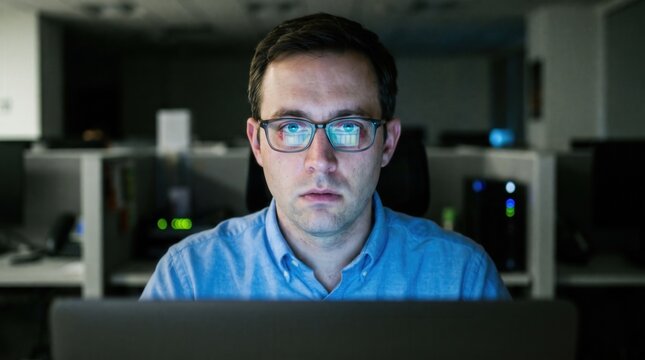 Focused Male Software Developer Working Late in Dark Office with Computer Screen Reflection in Glasses for Burnout and Cybersecurity Storytelling