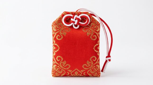 Red brocade omamori japanese lucky amulet with double knot isolated on white product photo