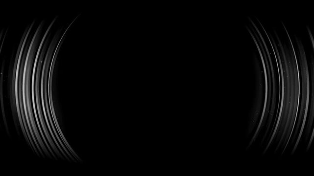 Abstract background with monochrome glowing metallic rings framing a dark center in a seamless video loop.