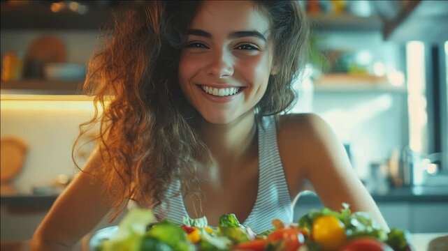 Smiling young lady in kitchen with fresh vegetables and herbs