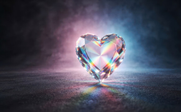 Crystal heart diamond gemstone glowing with rainbow light refraction on dark textured background representing love, romance, and precious jewelry concepts