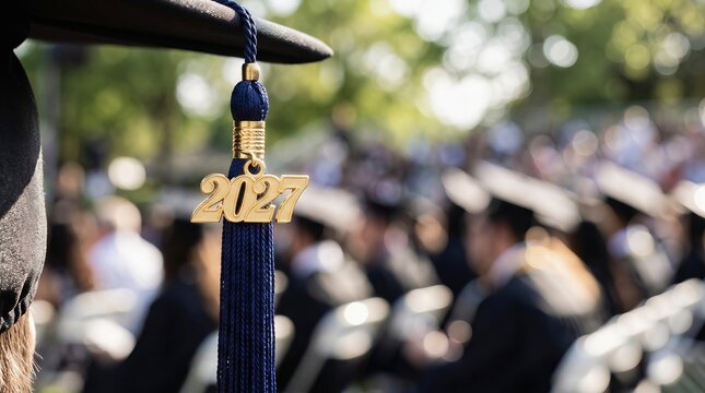 Close up of graduation cap tassel with year 2027 charm during outdoor university commencement ceremony