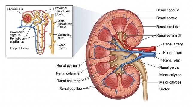 Human Kidney Anatomy Diagram &ndash; Detailed Medical Illustration of Urinary System