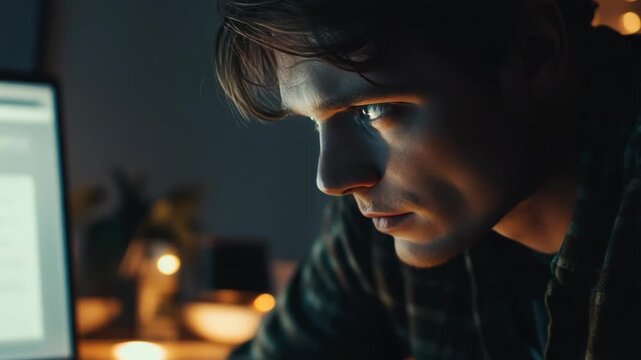 Concentrated young man at computer monitor