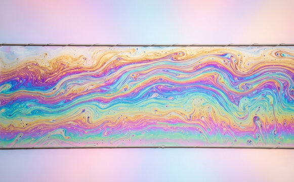 Iridescent soap film interference pattern showing vibrant rainbow colors and organic fluid wave physics for science and abstract design backgrounds