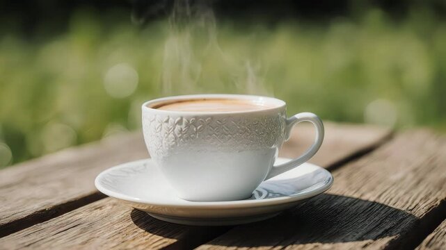 coffee in a handcrafted artisanal ceramic cup, steam flowing smoothly in slow motion, set on weathered wooden table surrounded by greenery, warm golden hour glow