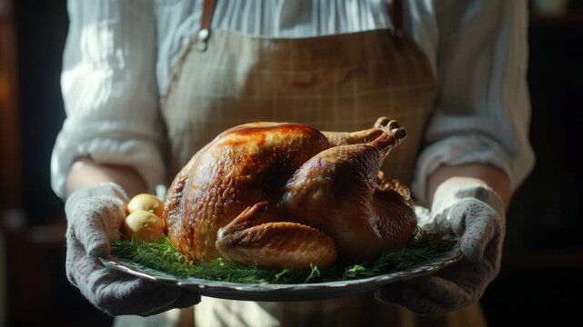 A chef holding a plate with a roasted turkey, garnished and ready for serving.