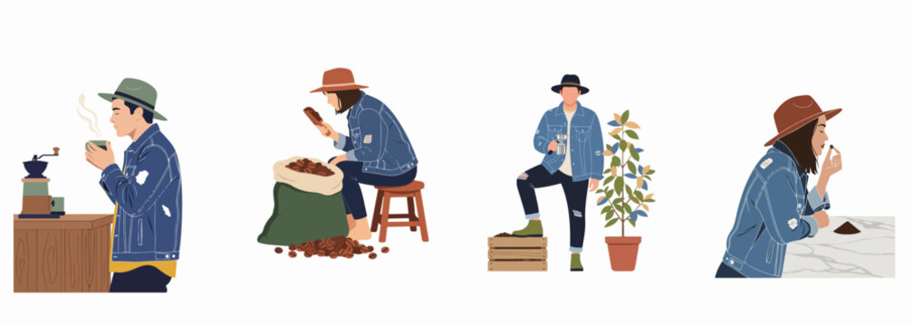 Set of four illustrations showing people in denim jackets and hats engaged in coffee production activities like sorting, tasting, and growing coffee.