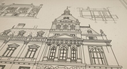 Obraz premium Vintage blueprint print showing classic building design and structural details