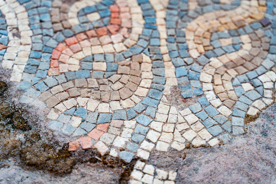 Ancient Roman Mosaic Floor with Geometric Decorative Pattern at Syedra Archaeological Site, Turkey