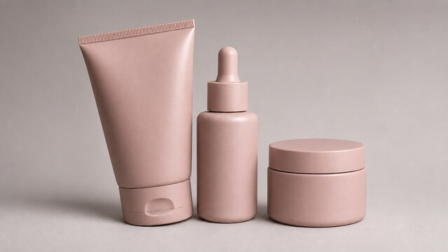 Minimalist Pink Cosmetic Packaging Set Mockup On Neutral Gray Background